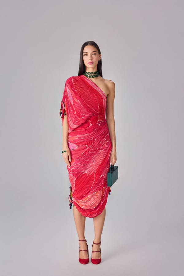 Pink One-Shoulder Micro-Pleated Printed Midi Dress — Saaksha and Kinni