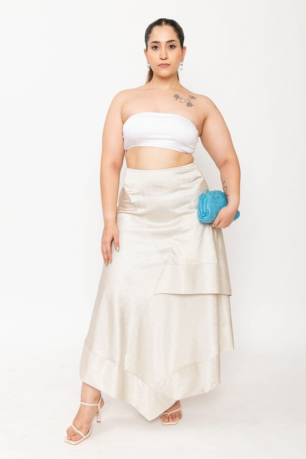 Cream Chevron Satin Asymmetrical Layered Maxi Skirt — Contemponari