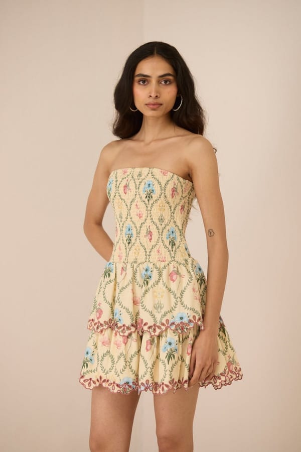 Botanical Lattice Strapless Smocked Tiered Mini Dress — Calling June