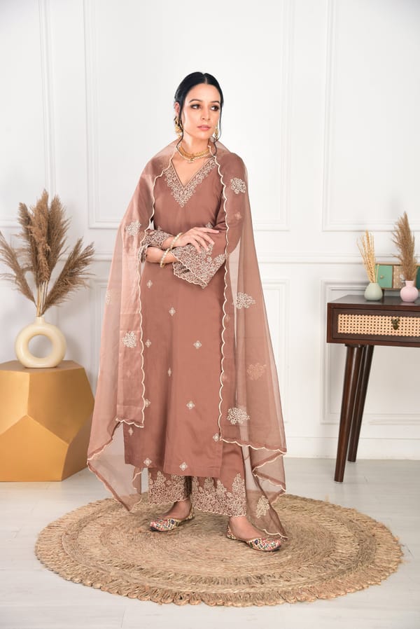 Walnut Brown Chanderi Silk Embroidered Kurta Set — NARAYANI VASTRA