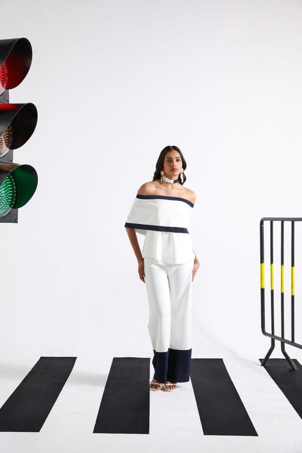 White and Navy Off-Shoulder Co-ord Set with Bootcut Pants — Shivya K