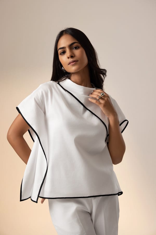 White Cotton Drape Top with Contrast Piping — Studio MuGu
