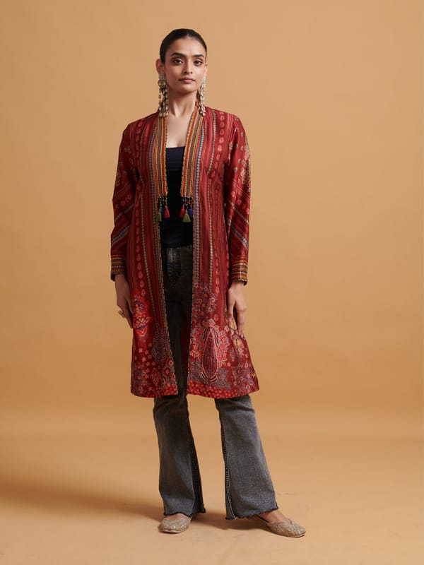 Red Longline Printed Jacket with Embroidered Lapel Tassels — SAUNDH