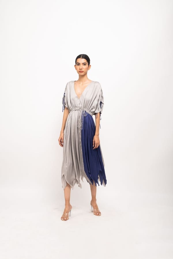 Grey/Blue Colorblocked Asymmetrical Midi Dress — Neora