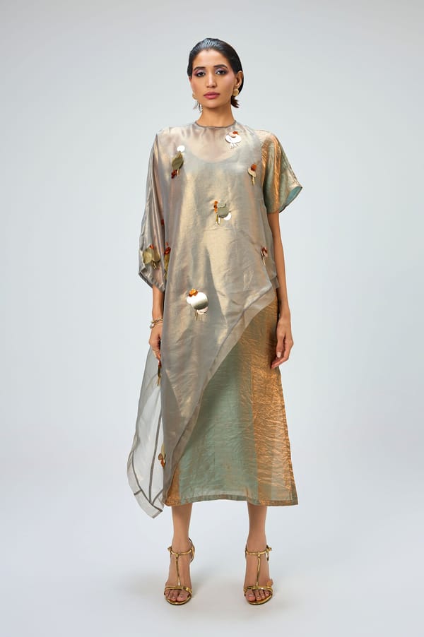Green and Gold Midi Dress Set with Sheer Overlay — KOR