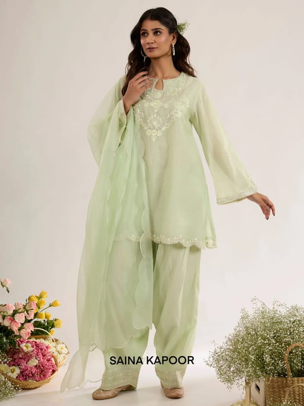 Chanderi Short Kurta with Farsha Salwar & Organza Dupatta — SAINA KAPOOR