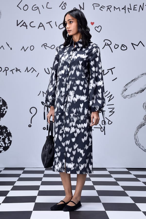 Black Heart Print Midi Shirt Dress with Belt — Genes Lecoanet Hemant