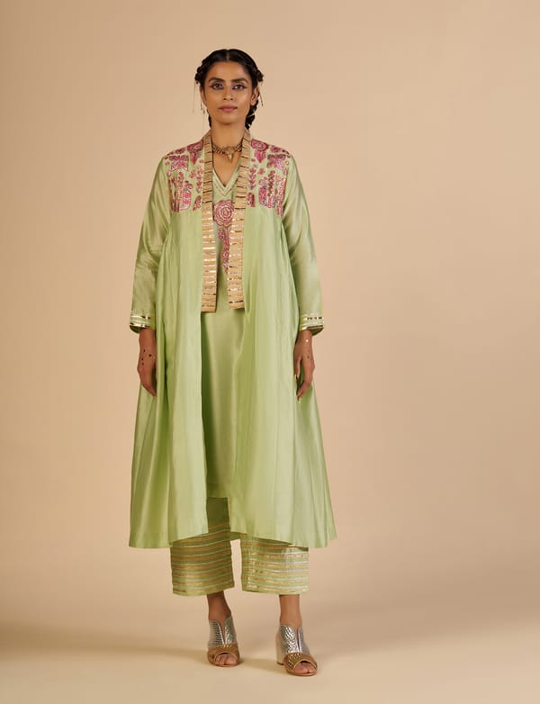 Pista Green Silk Chanderi Embroidered Front-Open Coat — Gulabo by Abu Sandeep