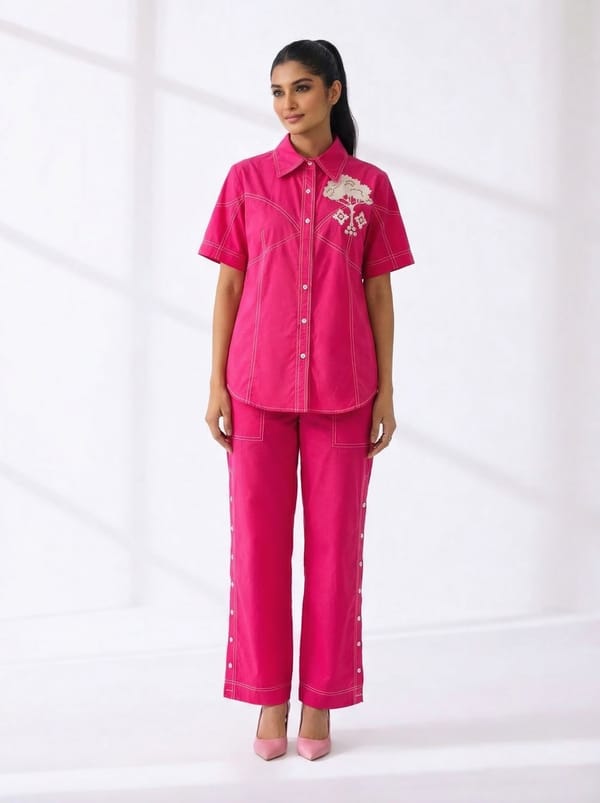 Electric Pink Cotton Shirt and Wide-Leg Pants Co-ord Set — RUCHIKA MALLIKA LABEL