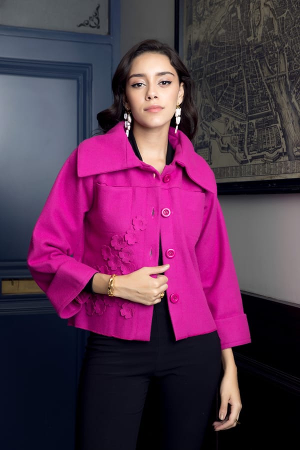 Barbiecore Pink Cropped Wool-Blend Jacket with 3D Florals — Rhe-Ana