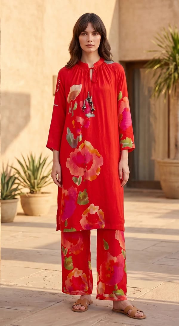 Red Floral Print Muslin Kurta Set with Pants — Basanti Kapde aur Koffee