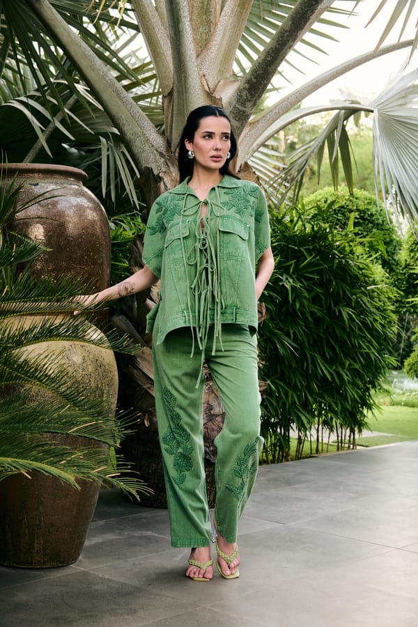 Green Denim Embroidered Tie-Up Co-ord Set — KAY KAY