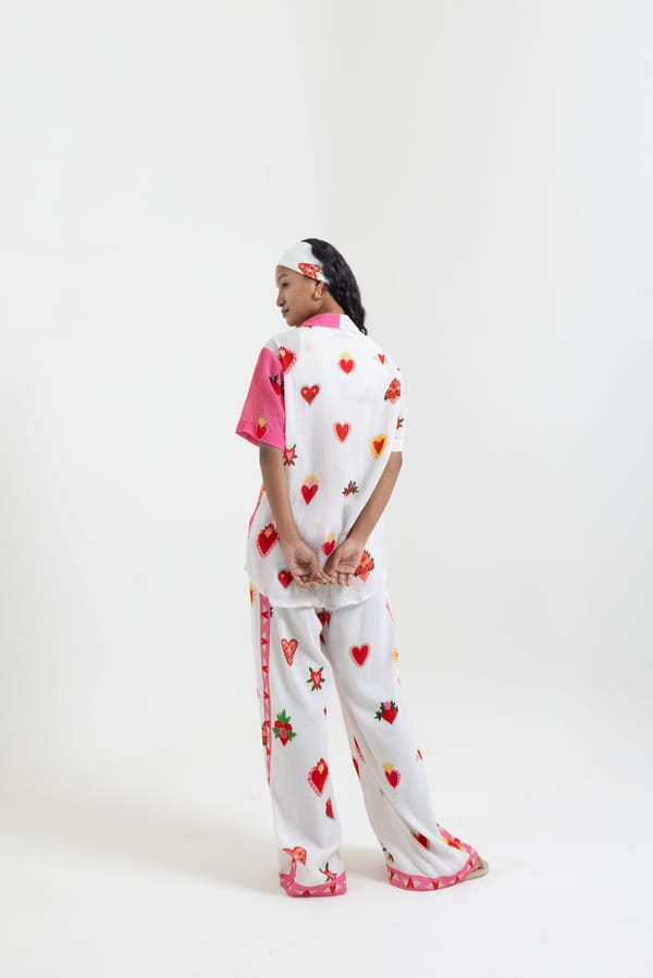 White and Pink Colorblock Heart Print Button-Up Shirt — Label Sugar