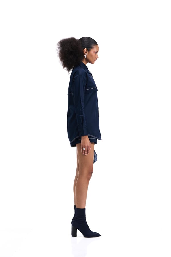 Navy Cotton Satin Shirt and Shorts Co-ord Set — Our Love