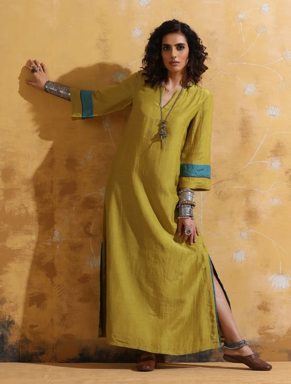 Lime Muslin Silk Straight Maxi Dress With Contrast Trim — Truebrowns