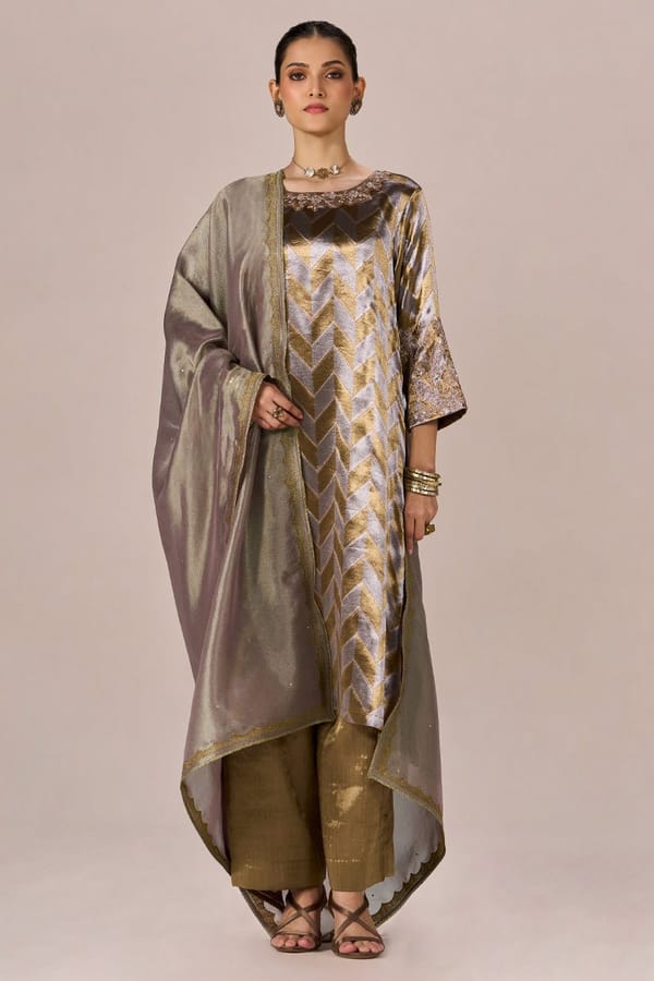 Brass and Light Gold Tissue Festive Kurta Set — Ganga Fashions Pvt Ltd