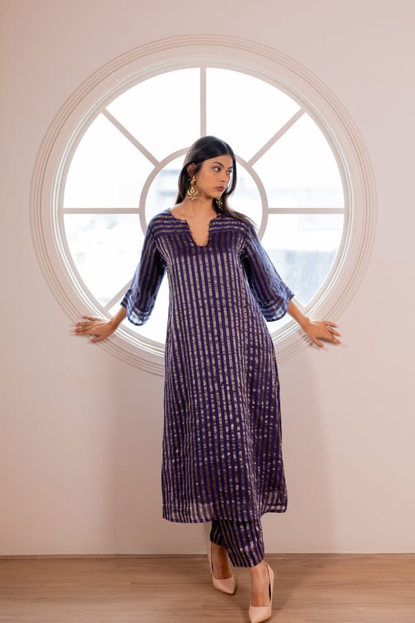 Blue Metallic Striped Chanderi Silk Kurta Set — Silai studio