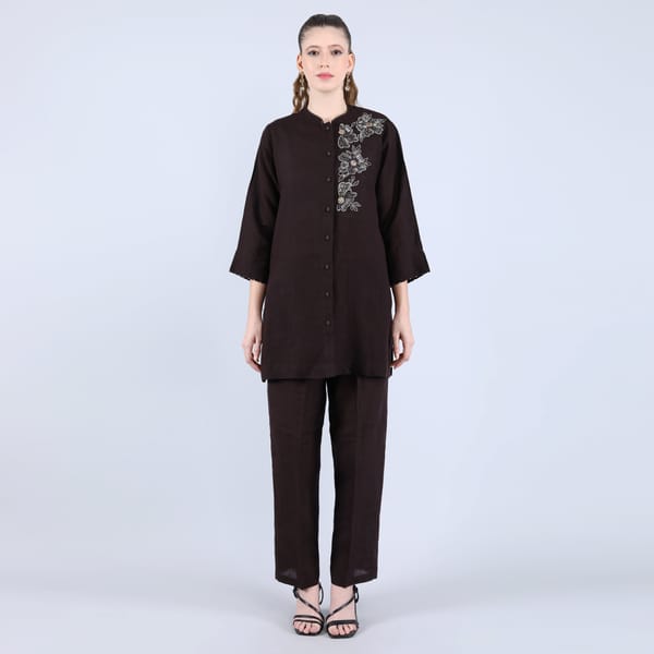 Brown Linen Tunic and Trouser Co-ord Set with Embroidery — Linen Bloom