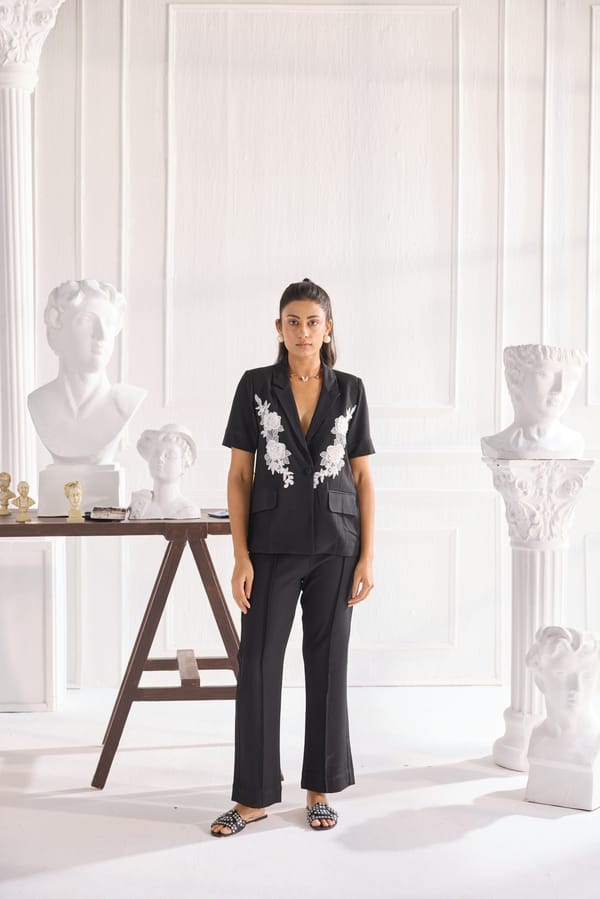 Black Crepe Blazer and Pants Co-ord Set with Lace Applique — Shivya K