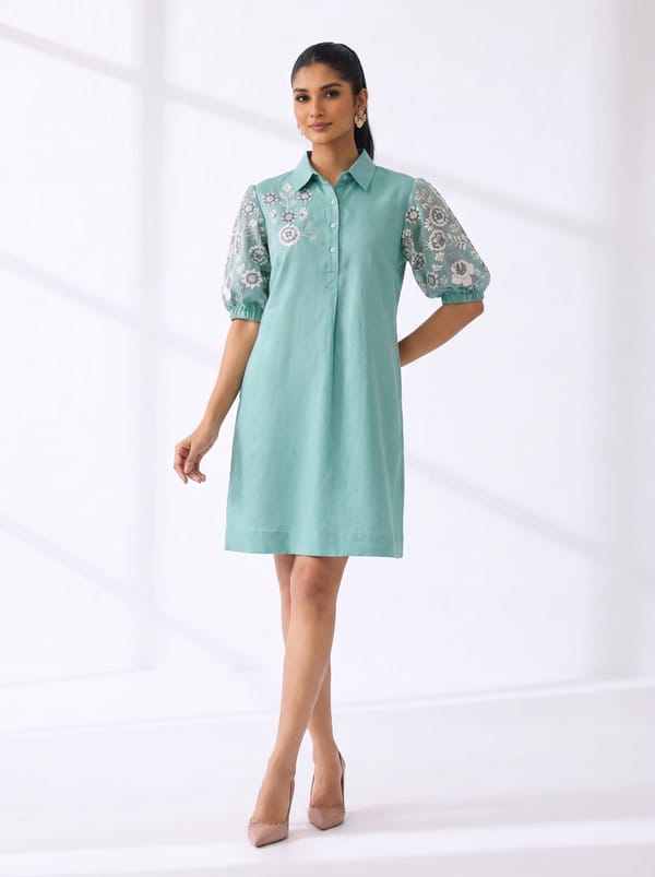 Sea Blue Linen Shirt Dress with Printed Puff Sleeves — RUCHIKA MALLIKA LABEL