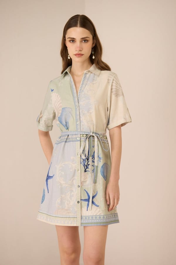 Marine Seafoam Shell Print Mini Shirt Dress with Tie Belt — Calling June