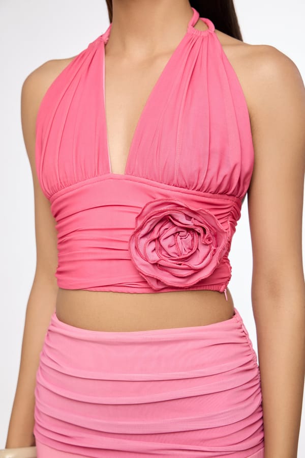 Pink Ombre Halter Crop Top with Ruched Waist — The Clothing Factory