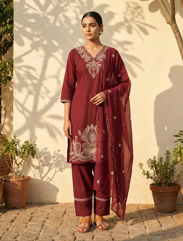 Embroidered Kurta Farsi Pant Dupatta Set — Truebrowns