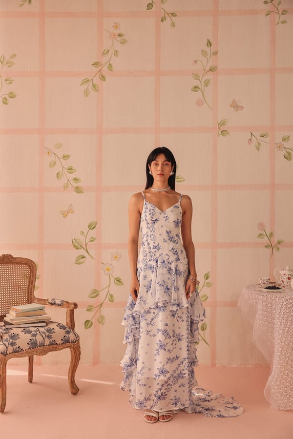 White and Blue Floral Ruffle Maxi Dress — Sage by Mala