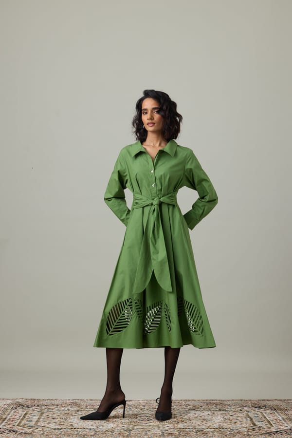 Moss Green Cotton Poplin Shirt Dress with Cutwork Hem — 63East