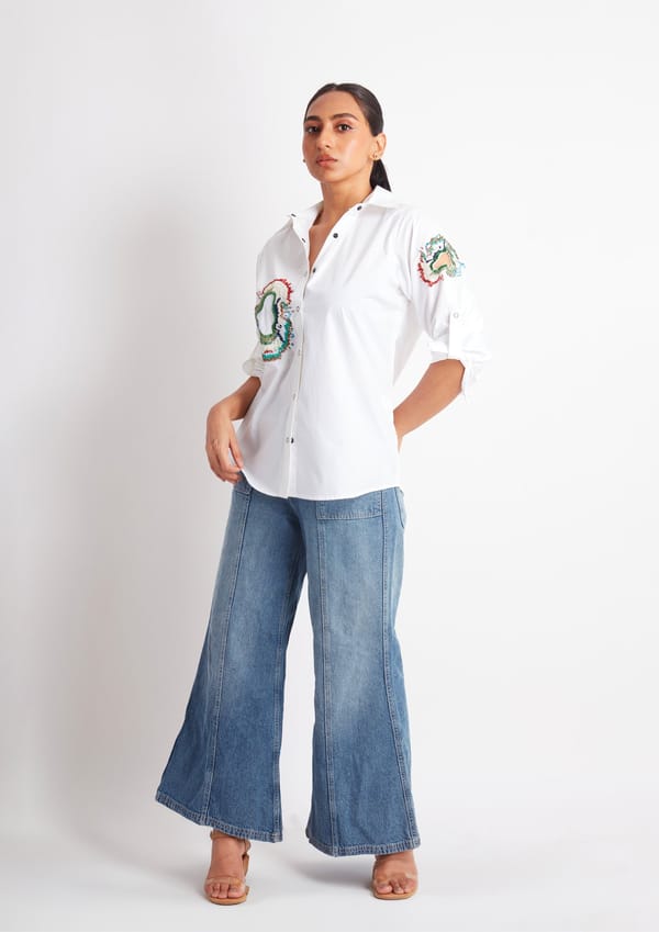 White Comfort Fit Cotton Button Shirt with Embroidery — Richa Goenka