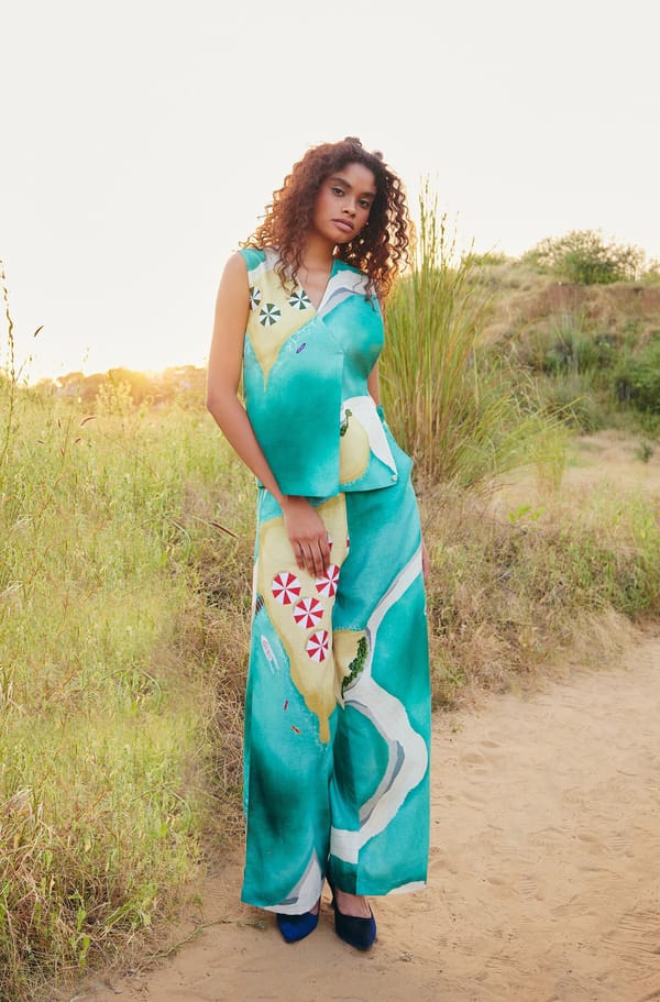 Turquoise Abstract Printed Wide-Leg Trousers — Zip by Payal Zinal