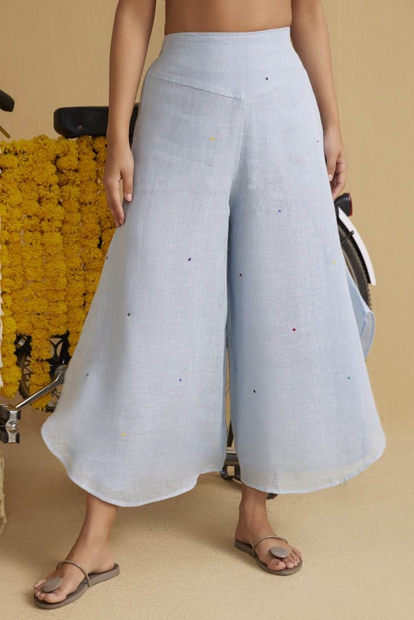 Blue Linen High-Rise Palazzo Pants with Wing Hem — YELL