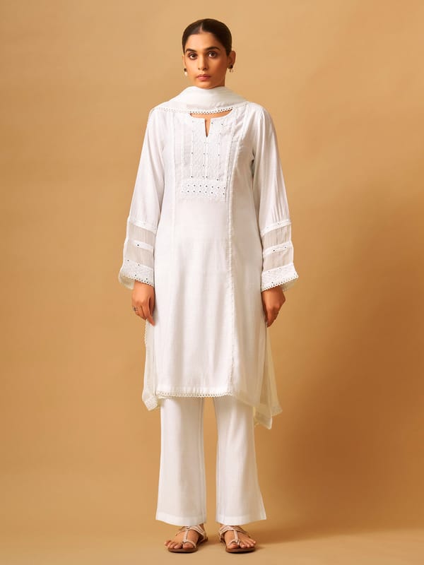 Classic White Viscose Blend Kurta Set — Truly SMA