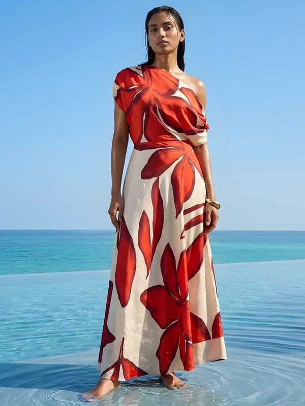 Red Floral One-Shoulder Maxi Dress — POPPI