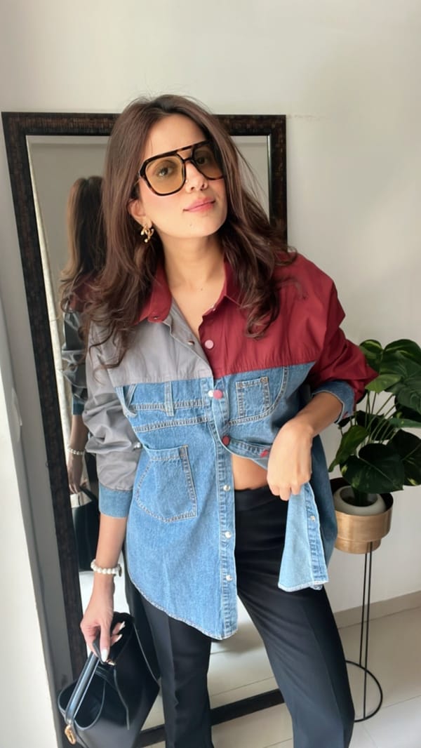 Color Block Denim Poplin Shirt — CLOSET AFFAIR