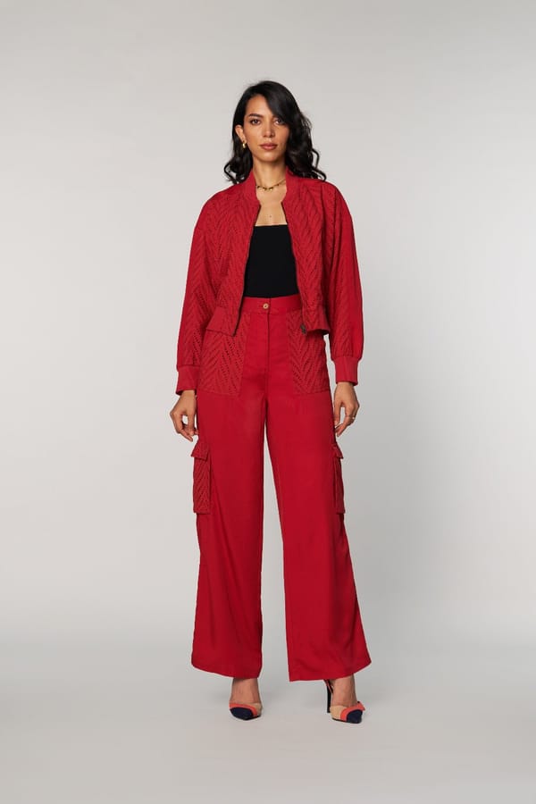 Rust Schiffli Cutwork Cropped Bomber Jacket — Style Island