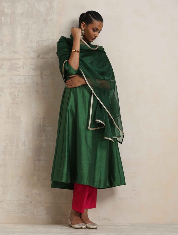 Dark Green Anarkali Kurta Pant and Dupatta Set — Truebrowns