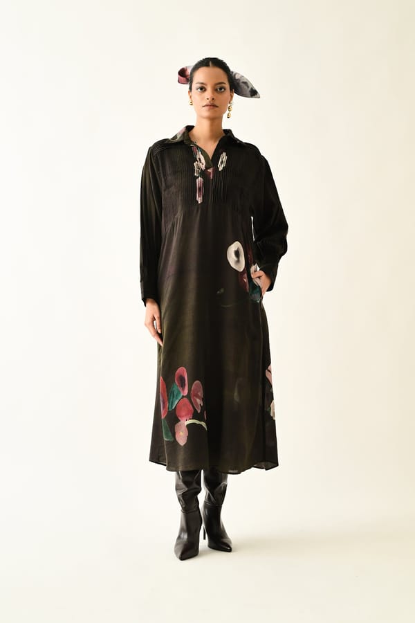 Brown Abstract Floral A-Line Midi Shirt Dress — Ofrida