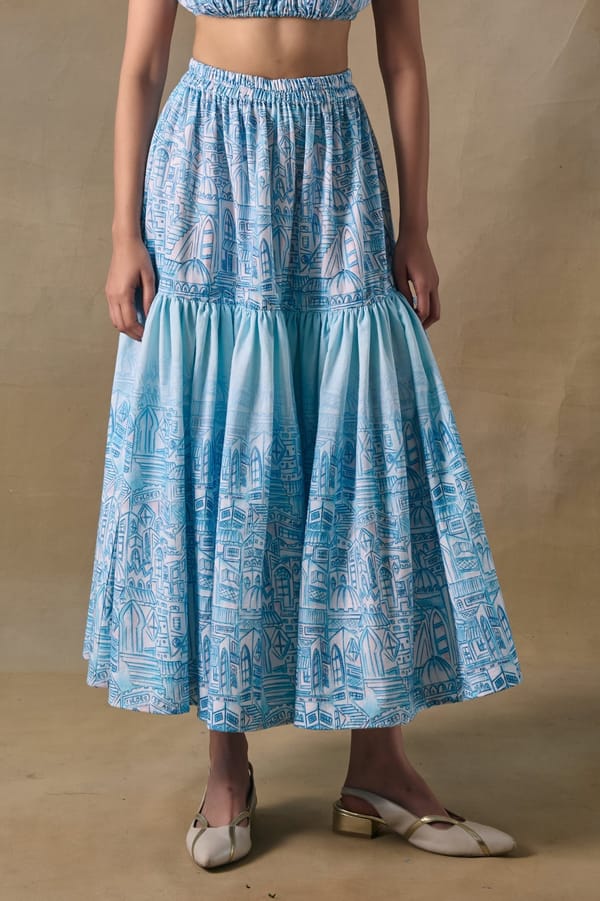 Blue Landscape Printed Tiered Midi Skirt with Side Ties — Pocketful Of Cherrie