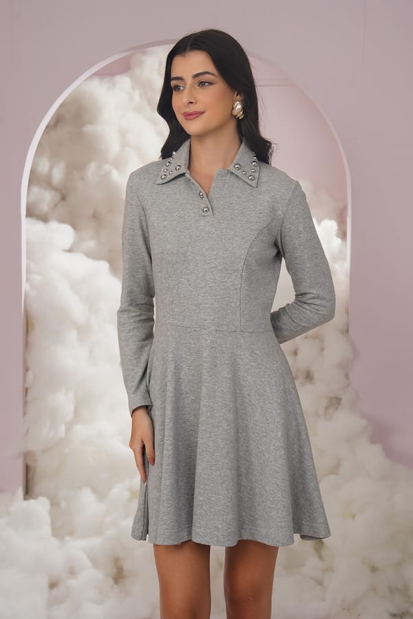 Grey Melange Collared Fit and Flare Mini Dress — Chöjé