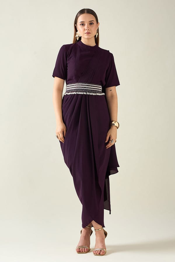 Purple Maxi Saree-Drape Dress with Embellished Belt — Aakaar
