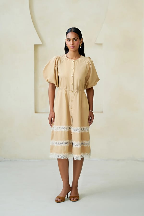 Beige Cotton Fit and Flare Midi Dress with Lace Bands — STITCH STORIES