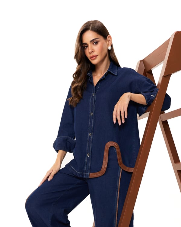 Denim Shirt with Brown Leatherite Panel Detail — AUR