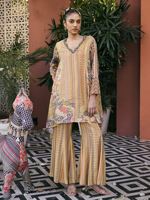 Yellow Printed Kurta and Wide-Leg Pants Co-ord Set — SAUNDH
