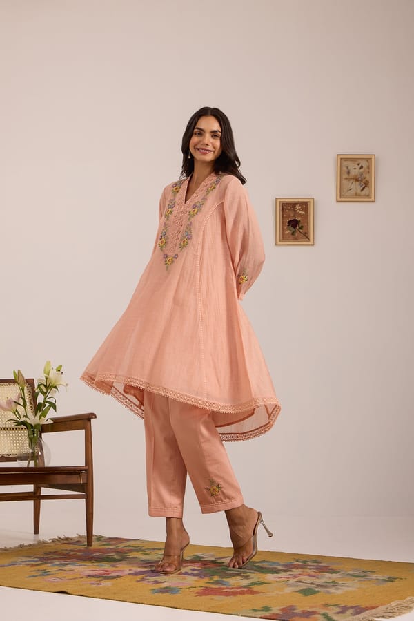 High-Low Mul Chanderi Kiva Kurta Set — Omi Clothing