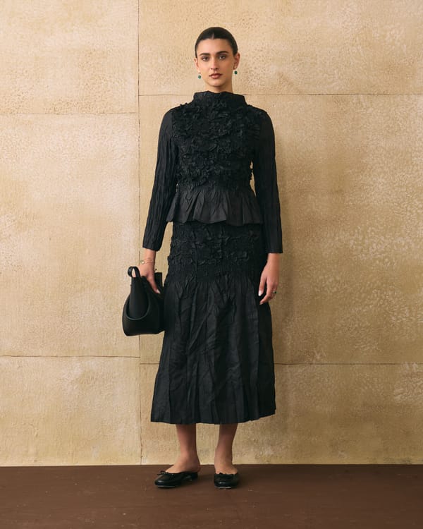 Black Textured High-Neck Top and Midi Skirt Co-ord Set — Pleats by Aruni