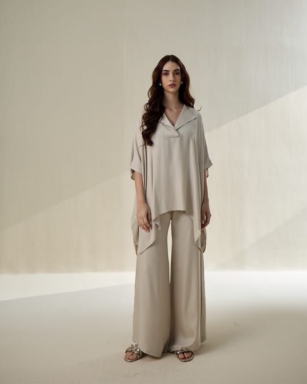 Taupe Draped Poncho Top and Bell Bottom Co-ord Set — AUR