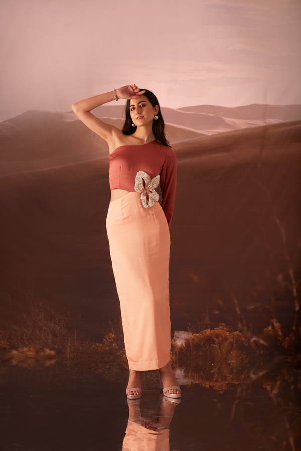 Dual-Tone One-Shoulder Modal Satin Maxi Dress — An'era by Asmita Verma