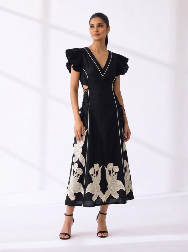 Black Linen V-Neck A-Line Midi Dress with Floral Hem Motifs — BOHO-CHIC