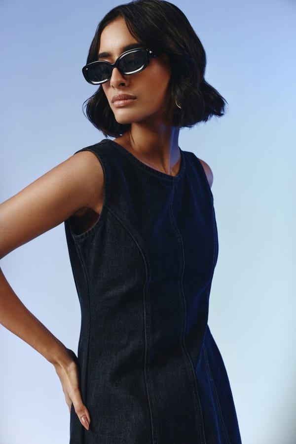 Deep Black Denim Contour-Seam Sleeveless Midi Dress — quietBOLD